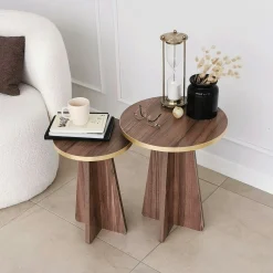 Bout de canapé moderne effet noyer - pieds trapèze, 2 pièces MARFA