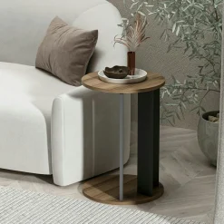 Bout de canapé rond décor bois foncé pied métal MARFA