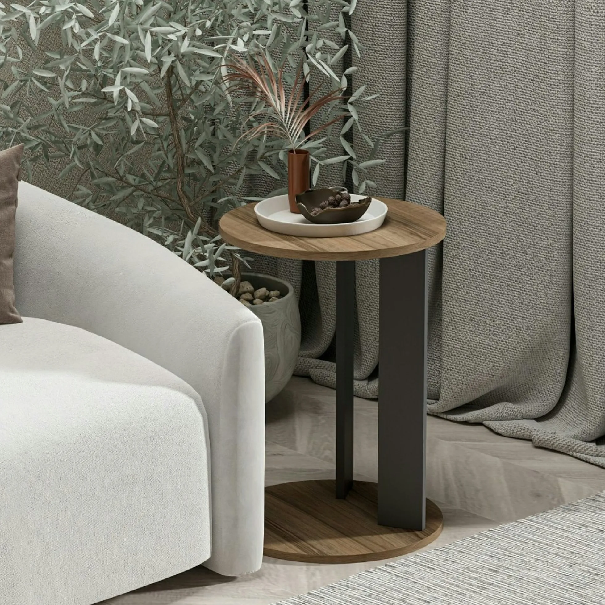 Bout de canapé rond décor bois foncé pied métal MARFA