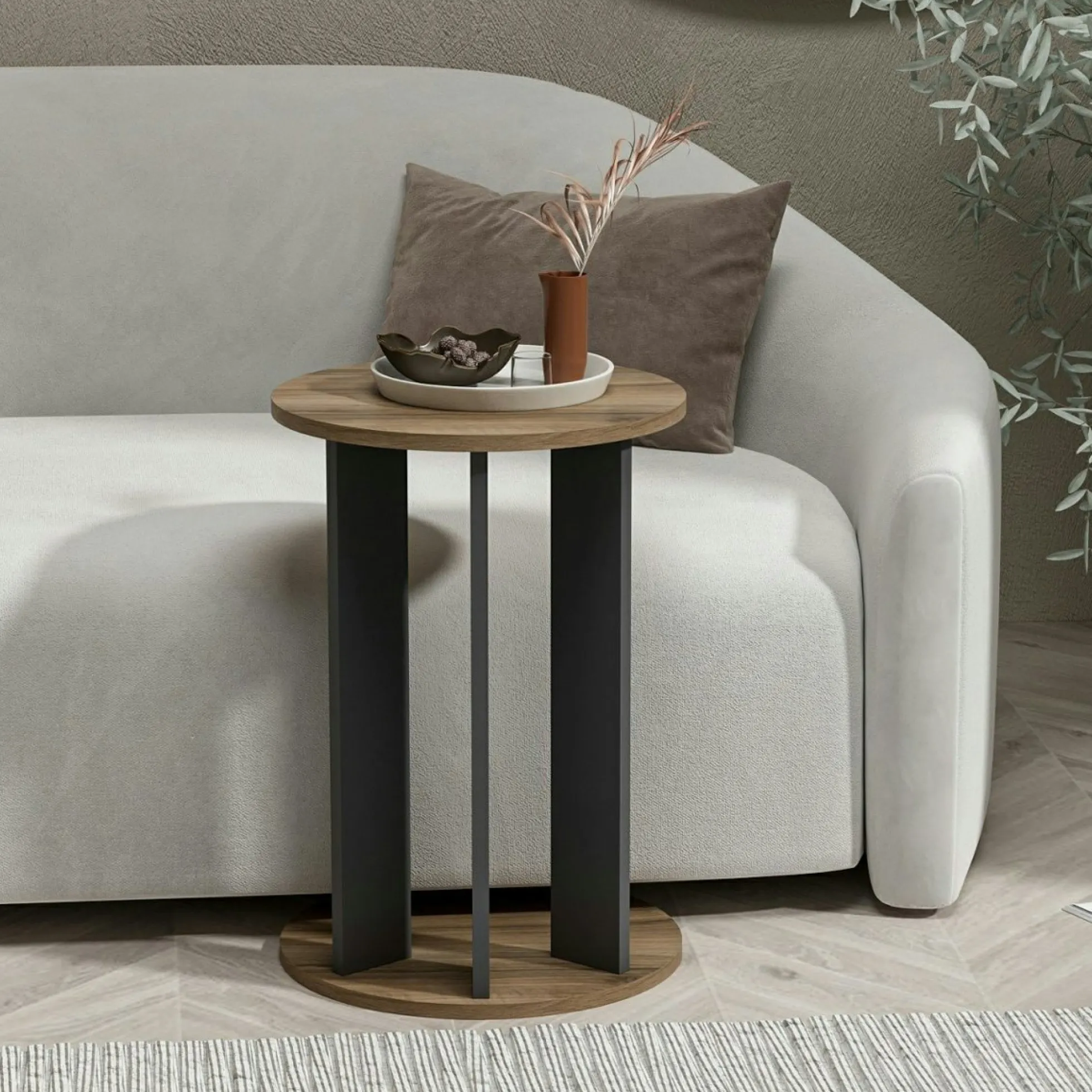 Bout de canapé rond décor bois foncé pied métal MARFA