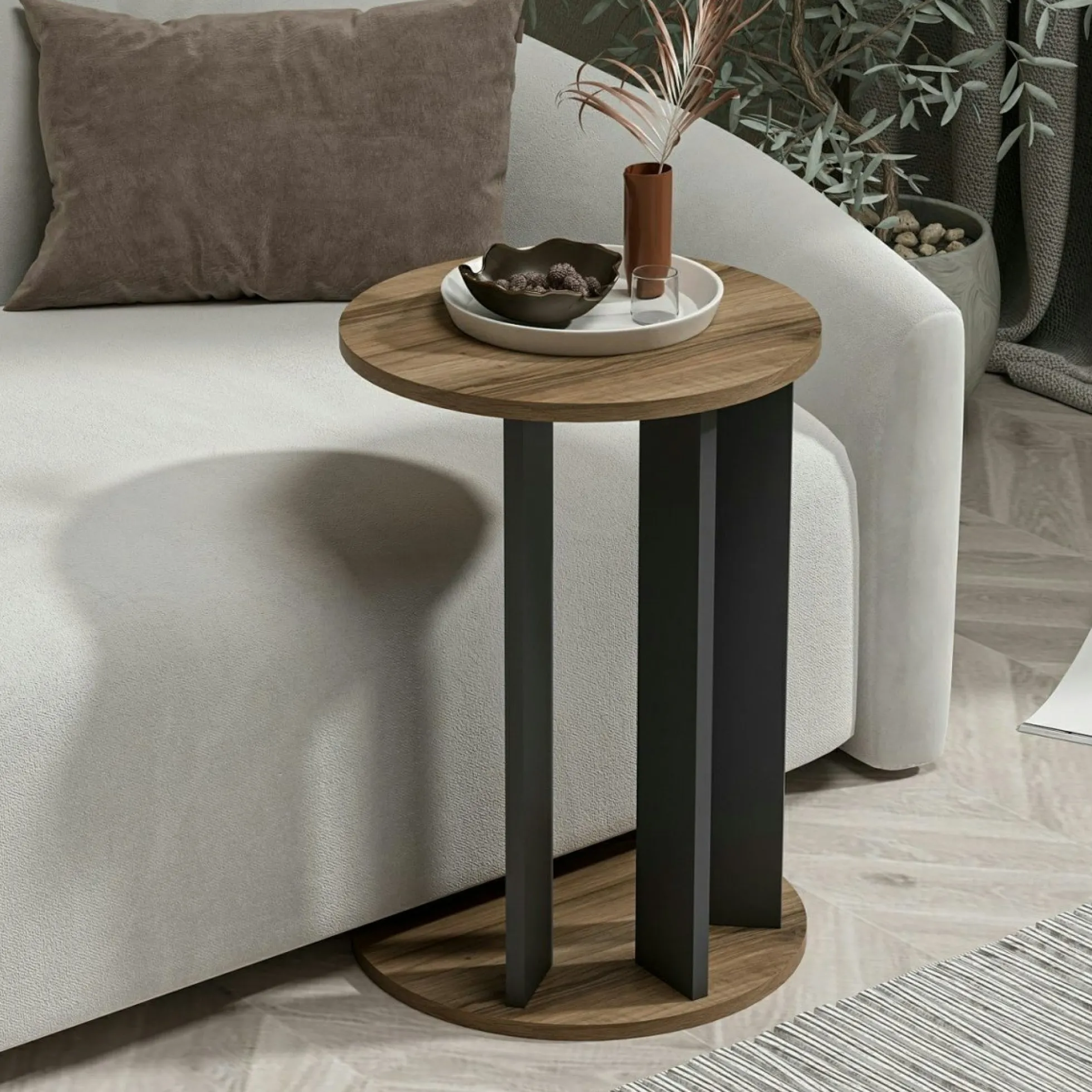 Bout de canapé rond décor bois foncé pied métal MARFA