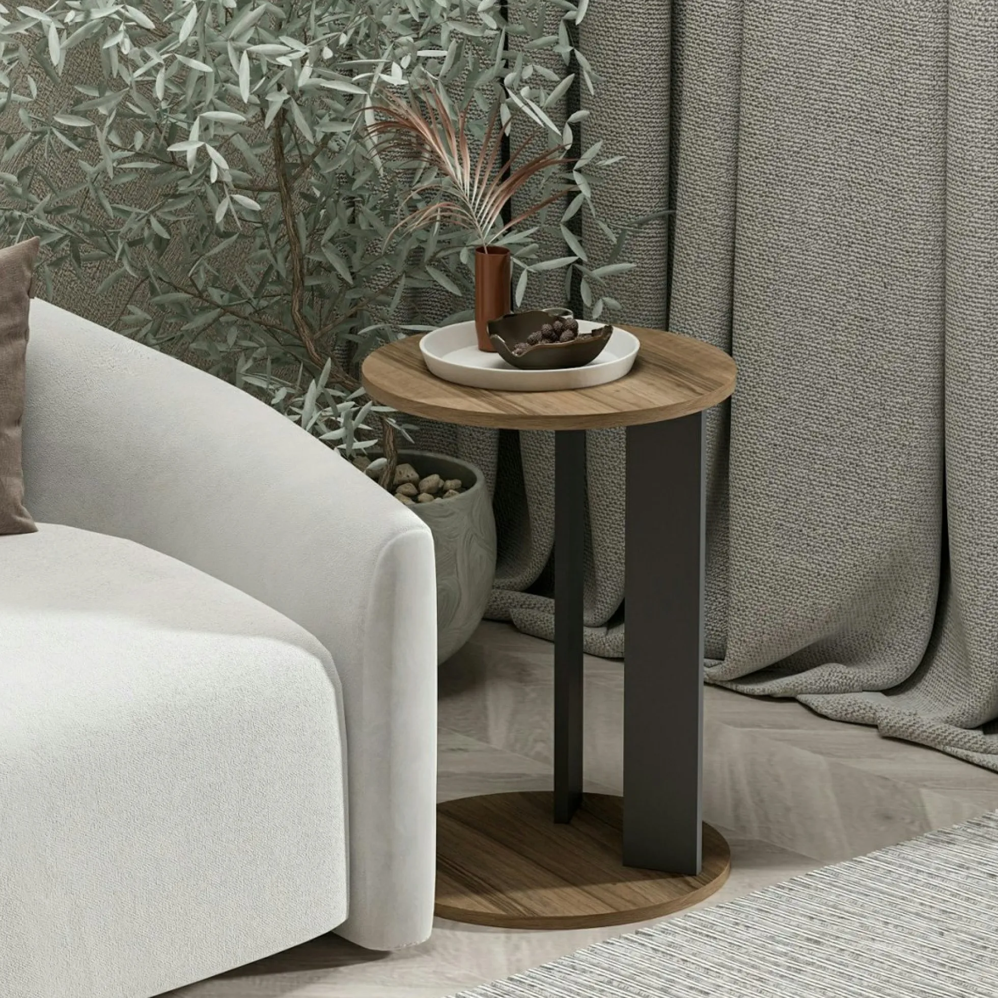 Bout de canapé rond décor bois foncé pied métal MARFA