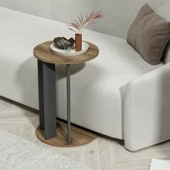 Bout de canapé rond décor bois foncé pied métal MARFA