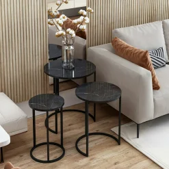 Bout de canapé rond effet marbre noir (lot de 3) JENA