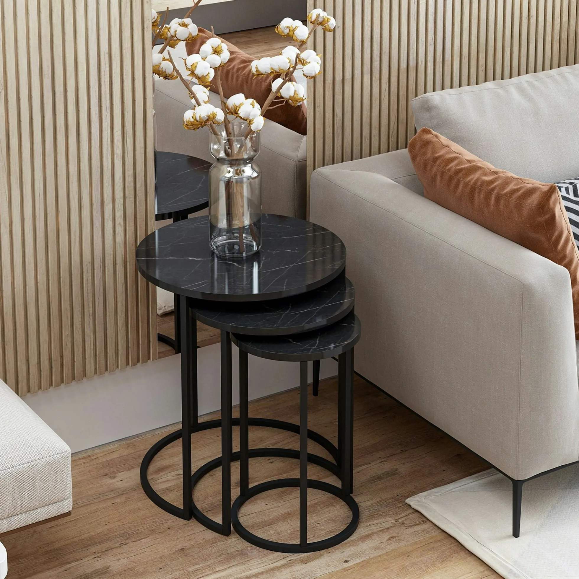 Bout de canapé rond effet marbre noir (lot de 3) JENA
