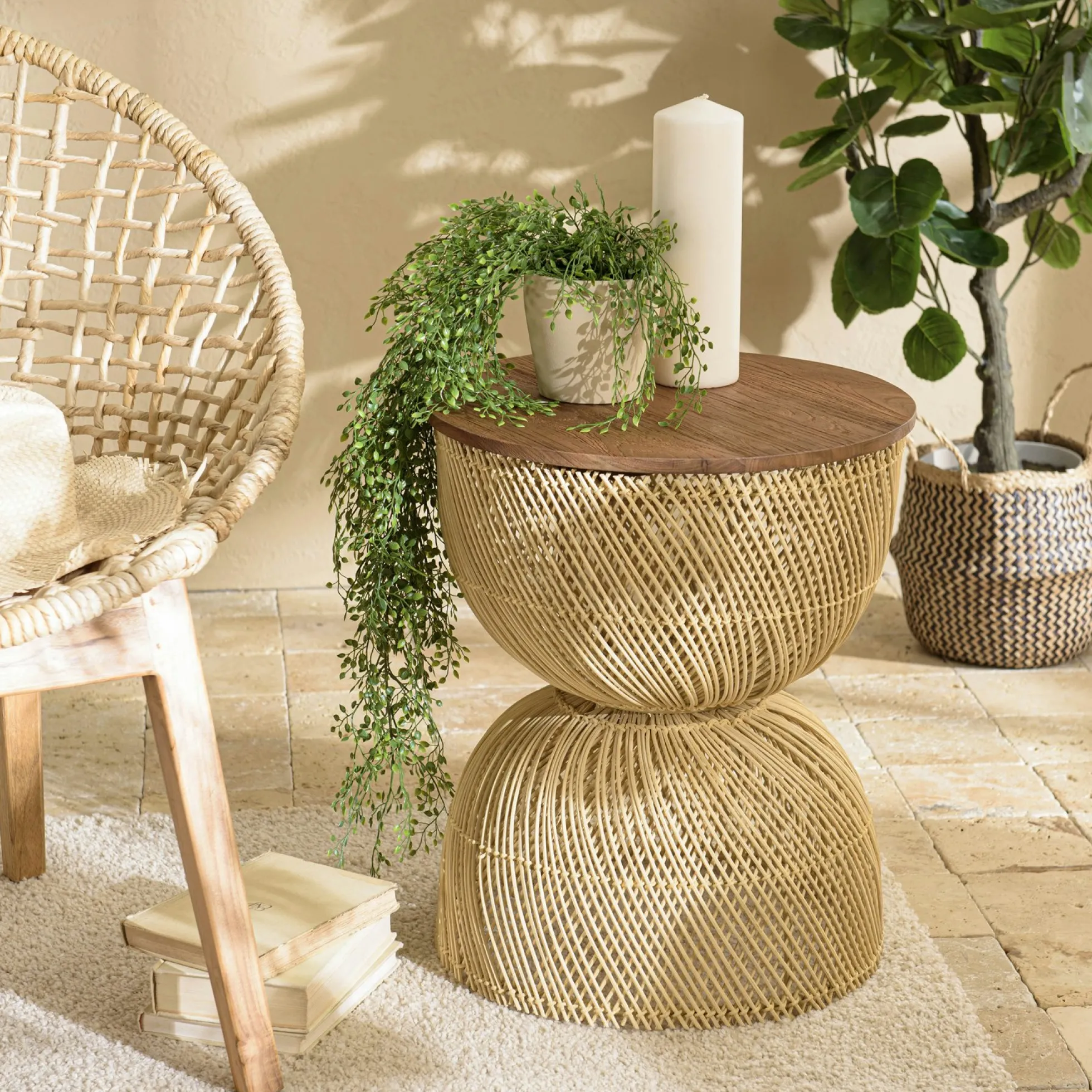 Bout de canapé rond en rotin beige plateau bois 41 cm SWING