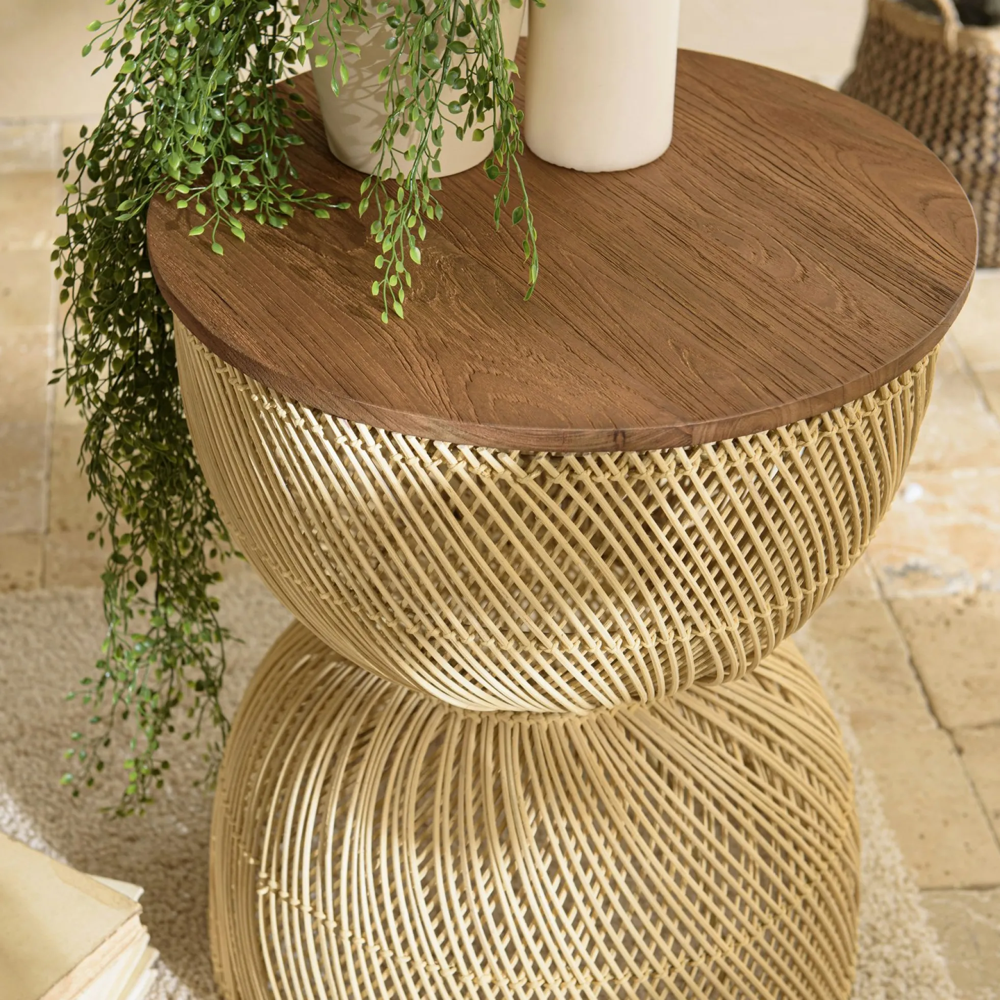 Bout de canapé rond en rotin beige plateau bois 41 cm SWING