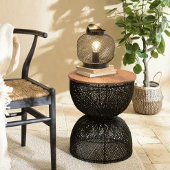 Bout de canapé rond en rotin noir plateau bois 41 cm SWING