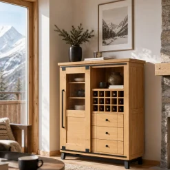 Buffet bar chêne clair avec casier bouteilles ALPINE