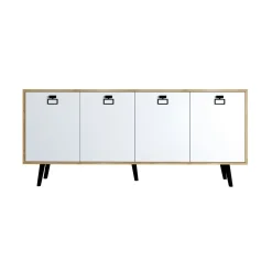 Buffet bas blanc et effet bois, poignées noires MARFA