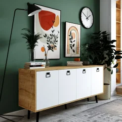 Buffet bas blanc et effet bois, poignées noires MARFA
