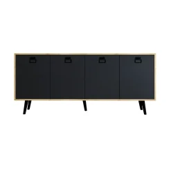 Buffet bas gris et effet bois, poignées noires MARFA