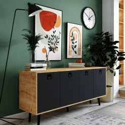 Buffet bas gris et effet bois, poignées noires MARFA