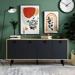 Buffet bas gris et effet bois, poignées noires MARFA