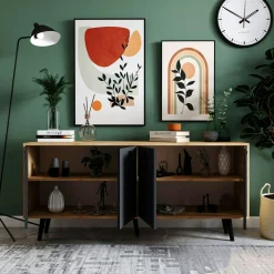 Buffet bas gris et effet bois, poignées noires MARFA