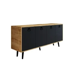 Buffet bas gris et effet bois, poignées noires MARFA