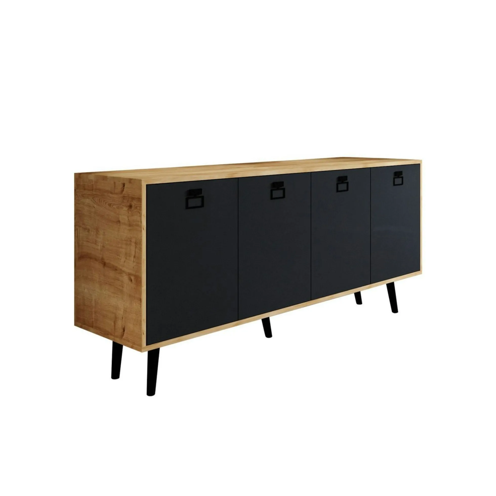 Buffet bas gris et effet bois, poignées noires MARFA