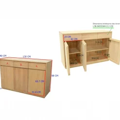 Buffet bas Hévéa 3 portes, 3 tiroirs 130x40x88cm BALTIC