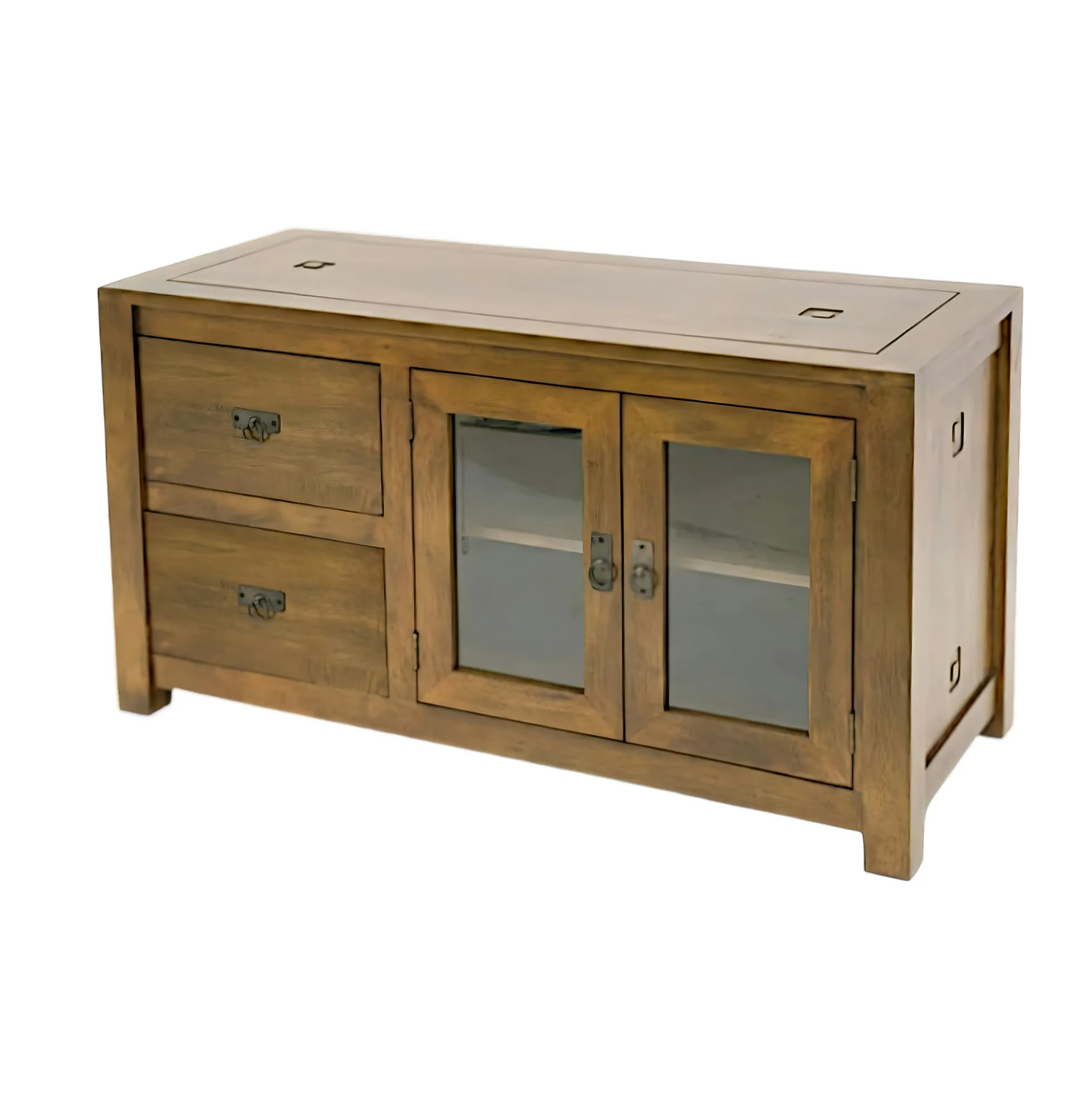 Buffet bas Hévéa 2 portes vitrées, 2 tiroirs 120x50x65cm TESSA