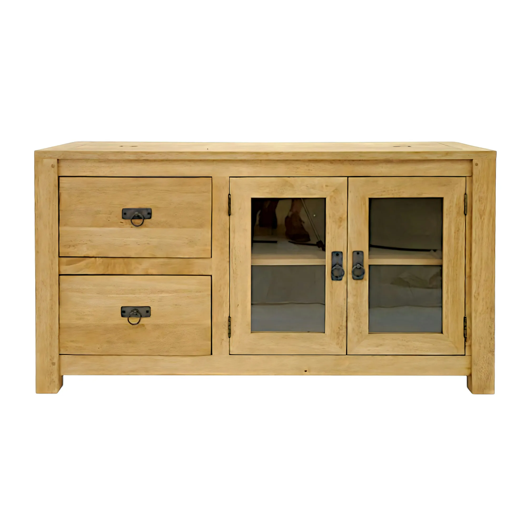 Buffet bas Hévéa 2 portes vitrées, 2 tiroirs 120x50x65cm TESSA