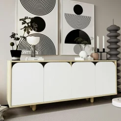 Buffet bas moderne effet bois 4 portes blanches VAREN