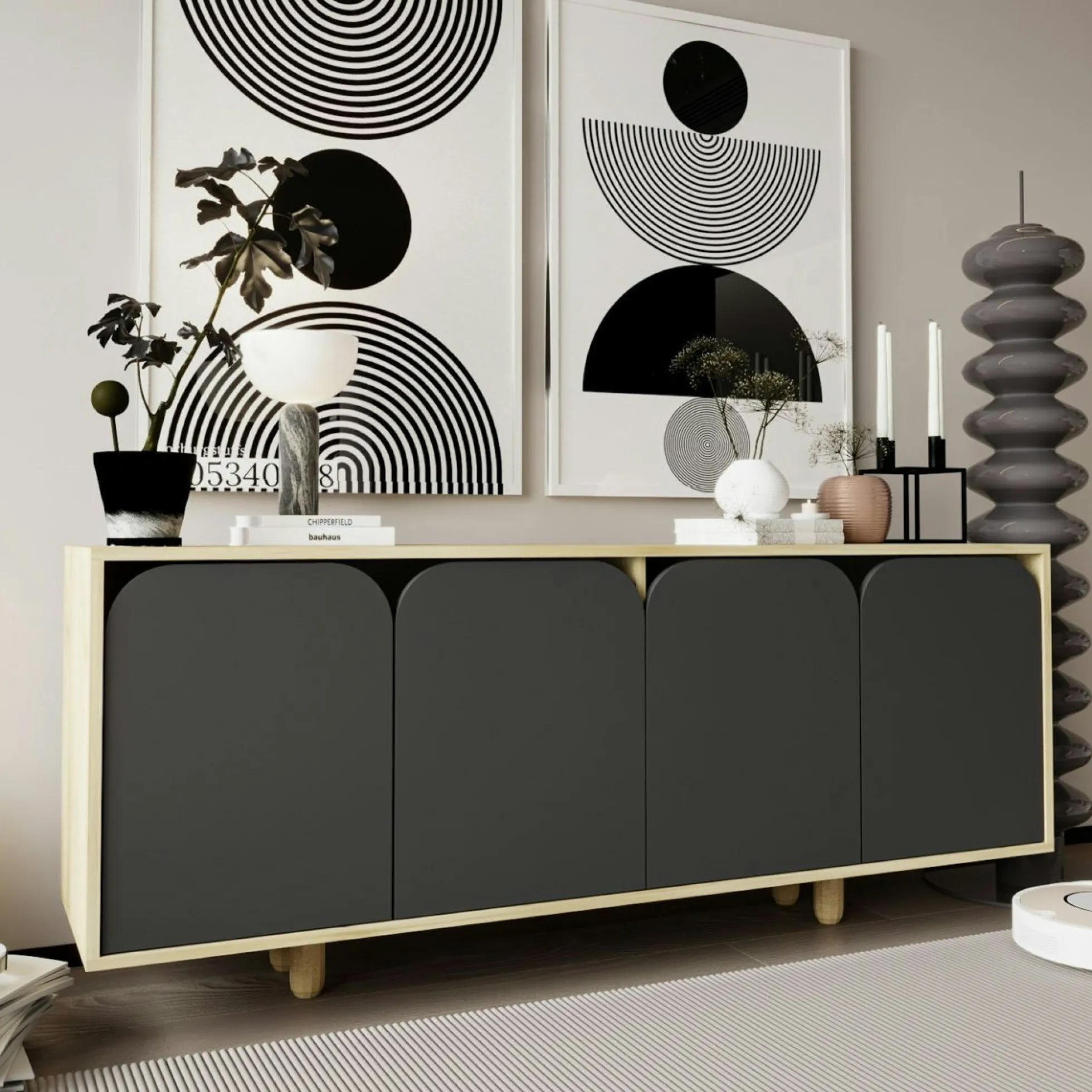 Buffet bas moderne effet bois 4 portes anthracites VAREN