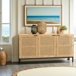 Buffet bas 3 portes cannage naturel pieds métal PALMA