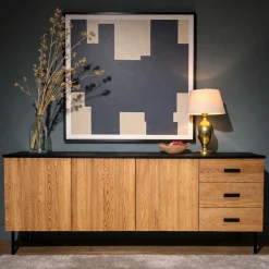 Buffet bas 3 portes en bois bicolore, façade ondulée TARAN