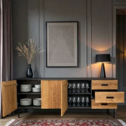 Buffet bas 3 portes en bois bicolore, façade ondulée TARAN