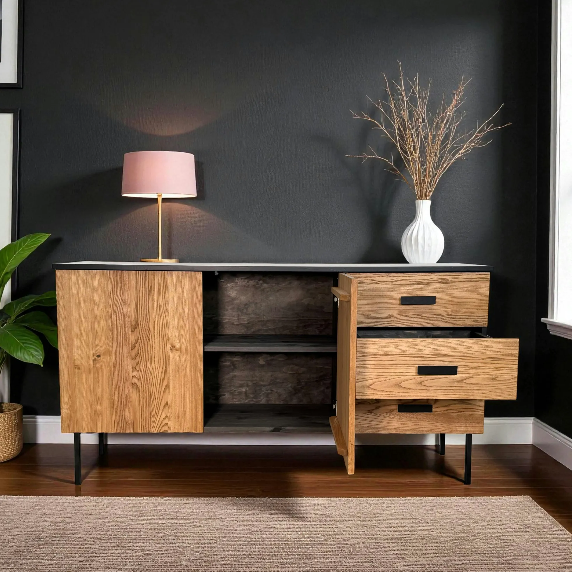 Buffet bas 2 portes en bois bicolore, façade ondulée TARAN