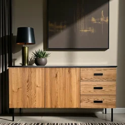 Buffet bas 2 portes en bois bicolore, façade ondulée TARAN