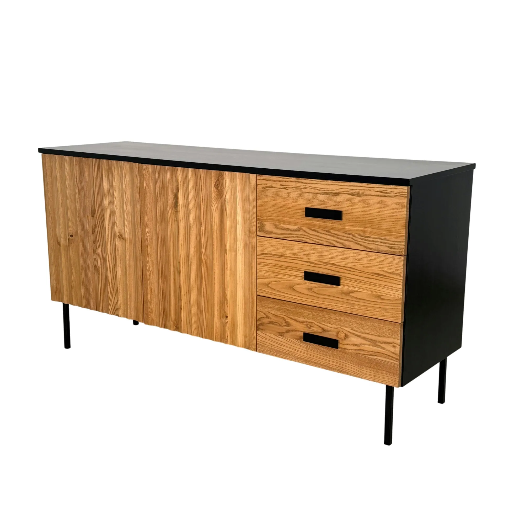 Buffet bas 2 portes en bois bicolore, façade ondulée TARAN