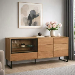 Buffet bas vitrine bois de chêne huilé 180 cm HAVEN