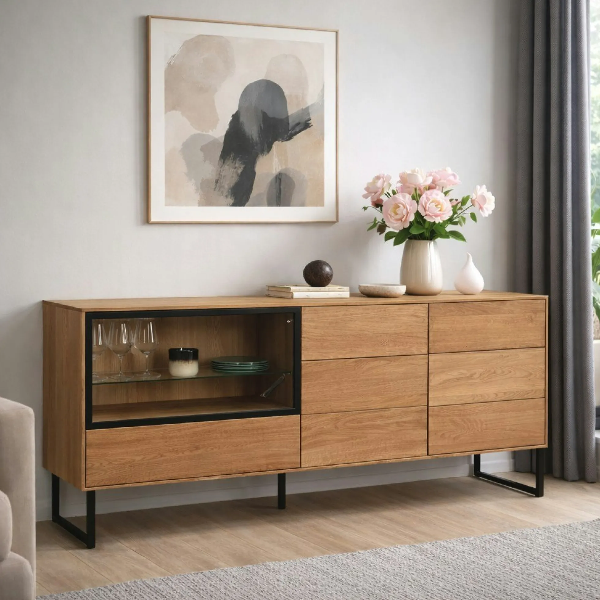 Buffet bas vitrine bois de chêne huilé 180 cm HAVEN