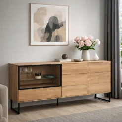 Buffet bas vitrine bois de chêne blanc 180 cm HAVEN