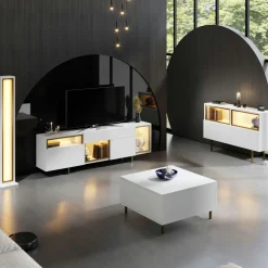 Buffet blanc et doré 2 portes 3 niches LED AURA