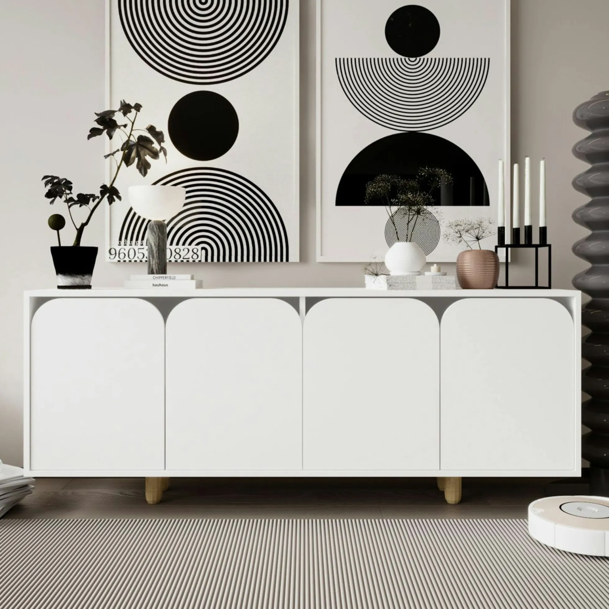 Buffet blanc moderne 4 portes courbes 180 cm VAREN