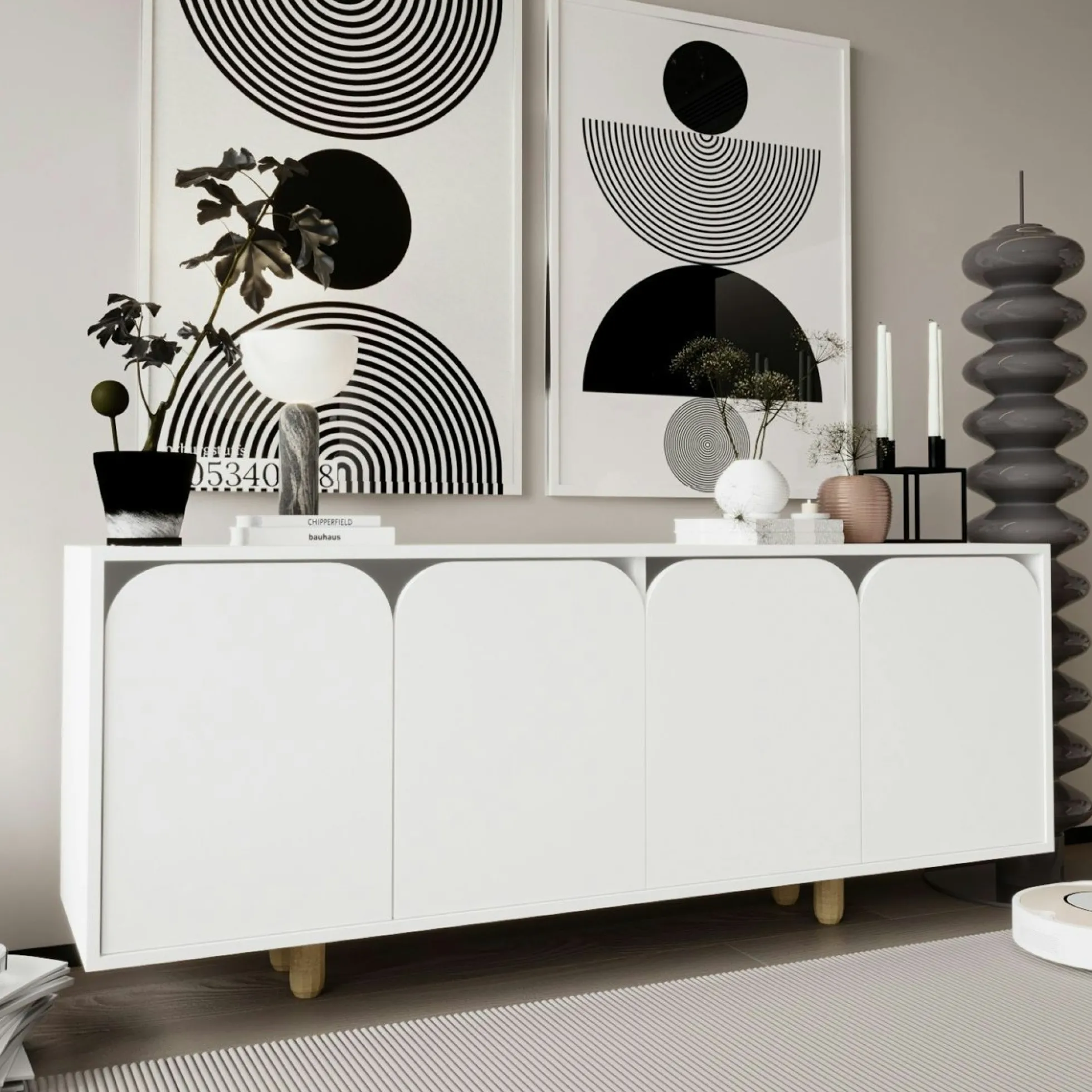 Buffet blanc moderne 4 portes courbes 180 cm VAREN