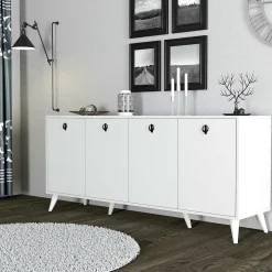 Buffet blanc moderne 4 portes, poignées à anneaux UMEA