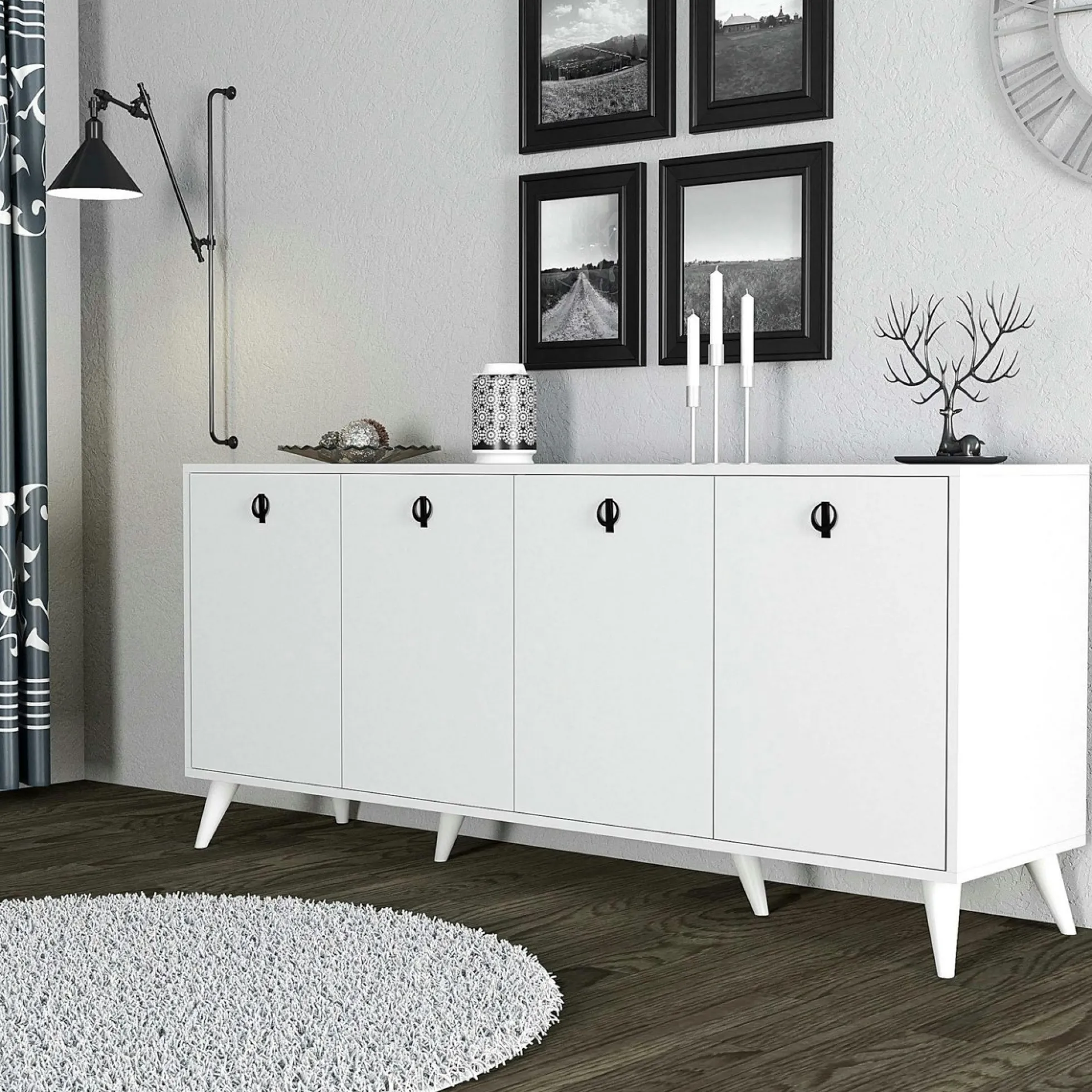 Buffet blanc moderne 4 portes, poignées à anneaux UMEA