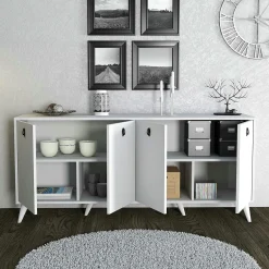 Buffet blanc moderne 4 portes, poignées à anneaux UMEA