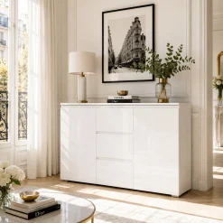 Buffet blanc moderne 2 portes 3 tiroirs ALVA