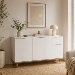 Buffet blanc 3 portes 1 tiroir style scandinave ALVA