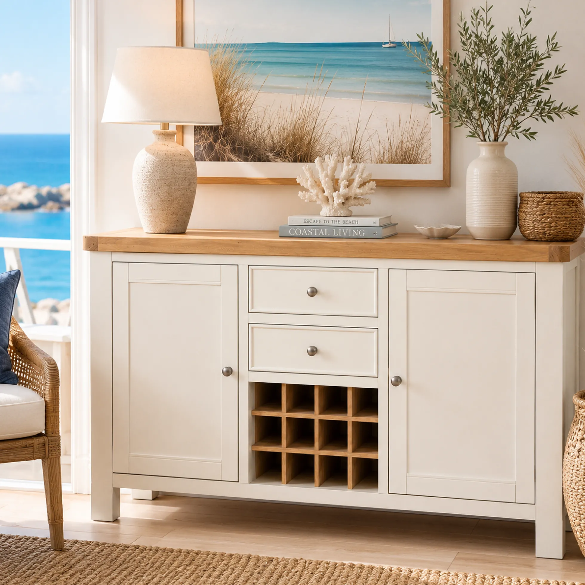 Buffet blanc style bord de mer avec range-bouteilles VELIA