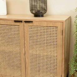 Buffet bois clair 2 portes rotin 3 tiroirs pieds métal PALMA