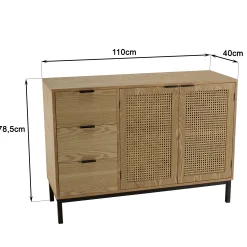 Buffet bois clair 2 portes rotin 3 tiroirs pieds métal PALMA