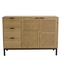 Buffet bois clair 2 portes rotin 3 tiroirs pieds métal PALMA