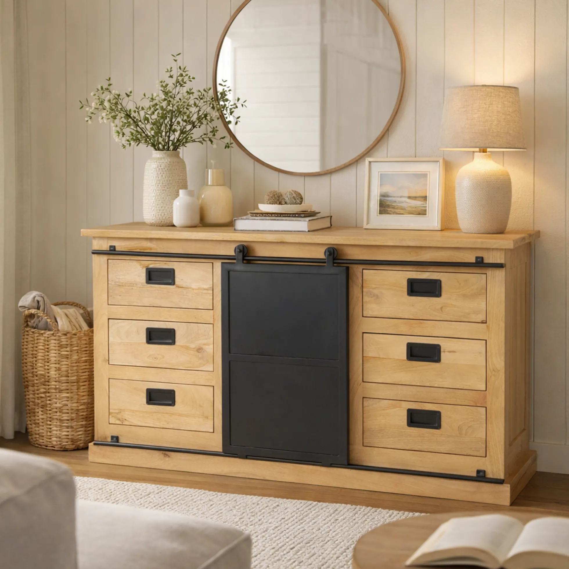 Buffet bois métal style atelier à portes coulissantes 160 cm CAMDEN