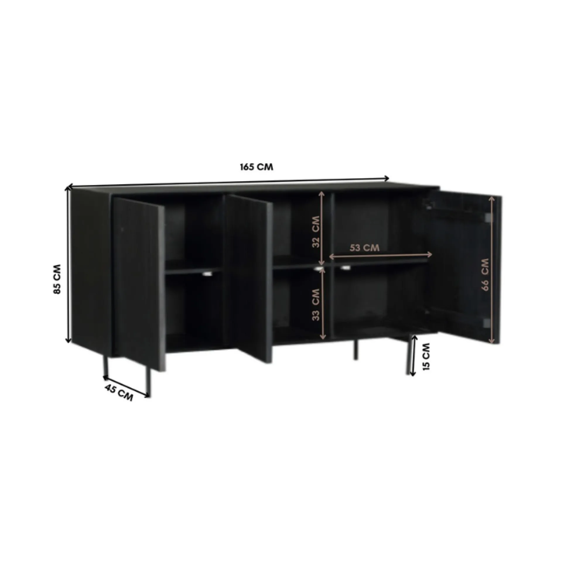 Buffet bois noir 3 portes rainurées 165 cm CORTINA