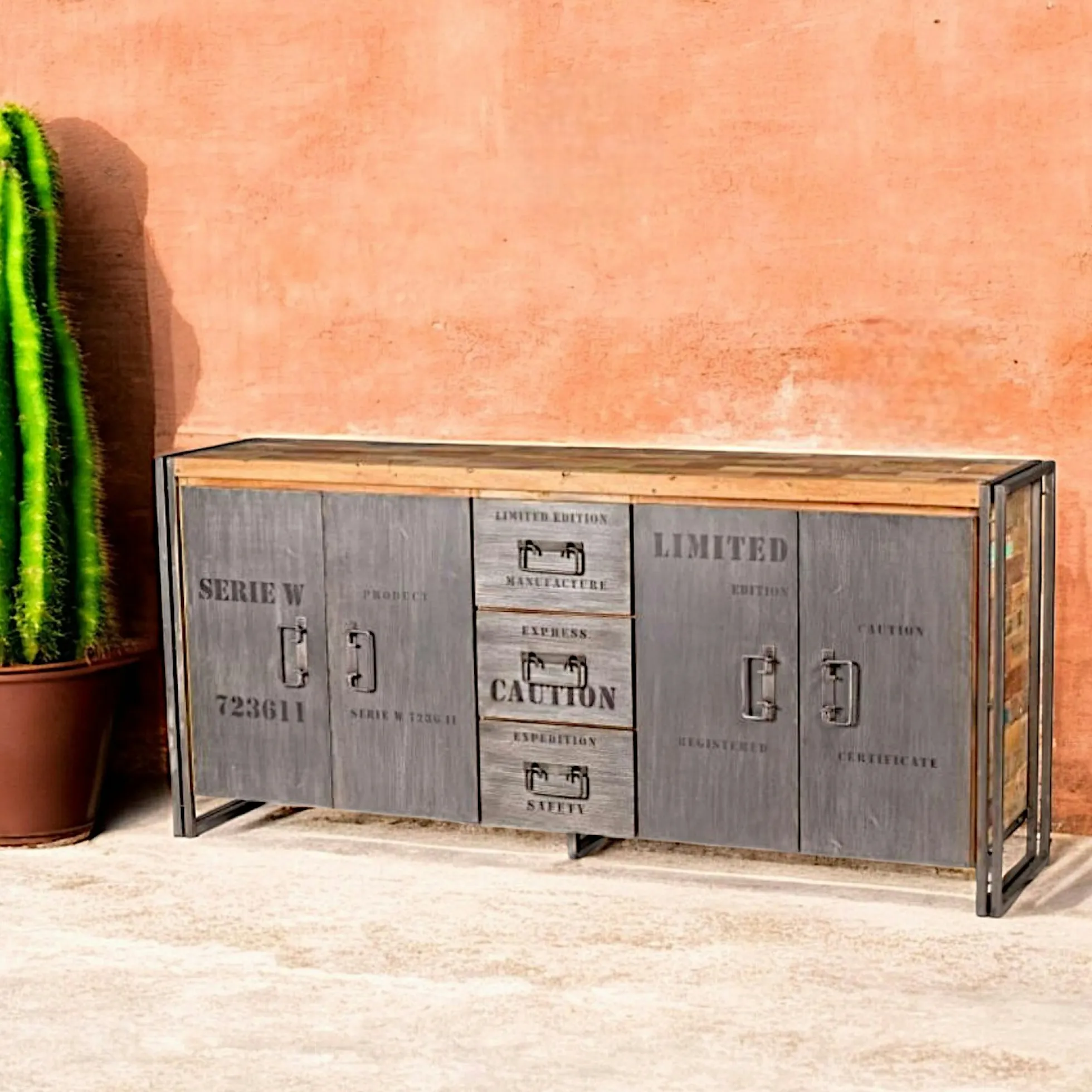 Buffet bois recyclé 4 portes 3 tiroirs 200x90 CARAVELLE